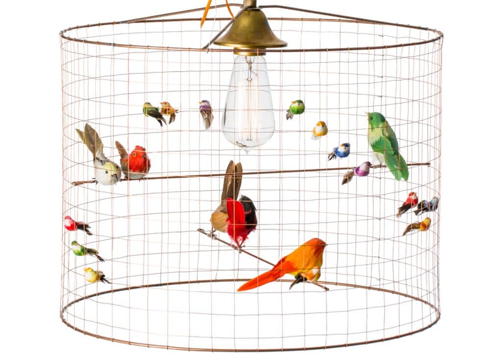 suspension lampe voliere oiseau en cage cuivre perruche