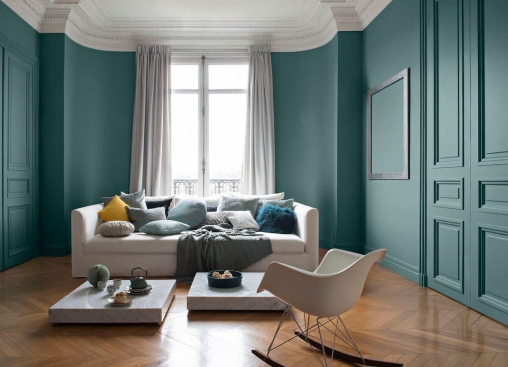 peinture couleur vert canard haussman moulure plafond parquet chevron point de hongrie