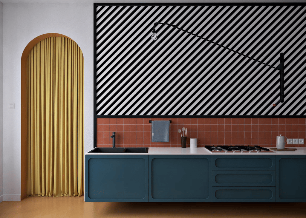 deco graphic porte rideau jaune carreaux bleu gris
