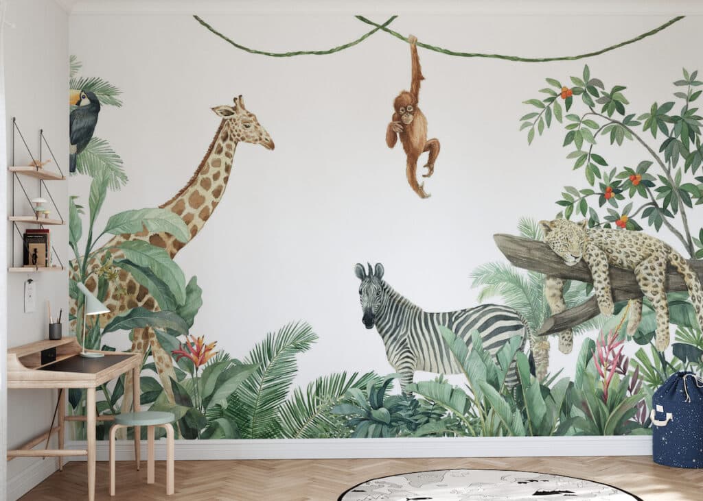 chambre enfant décoration scandinave mur jungle animaux