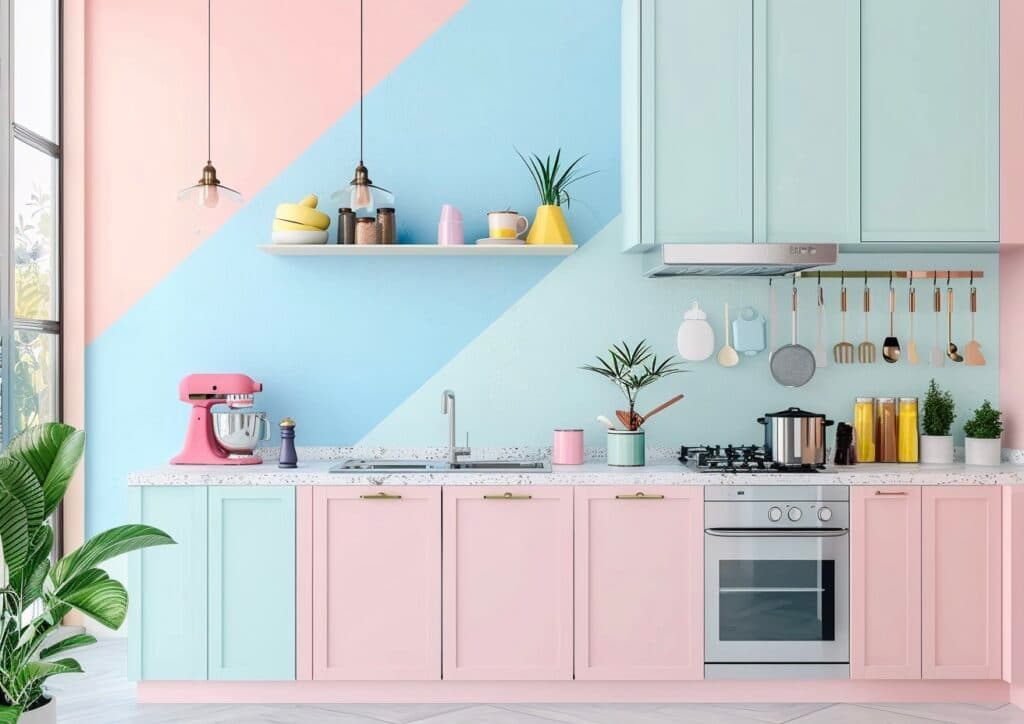 cuisine pastel rose bleu jaune déco colorée rayures