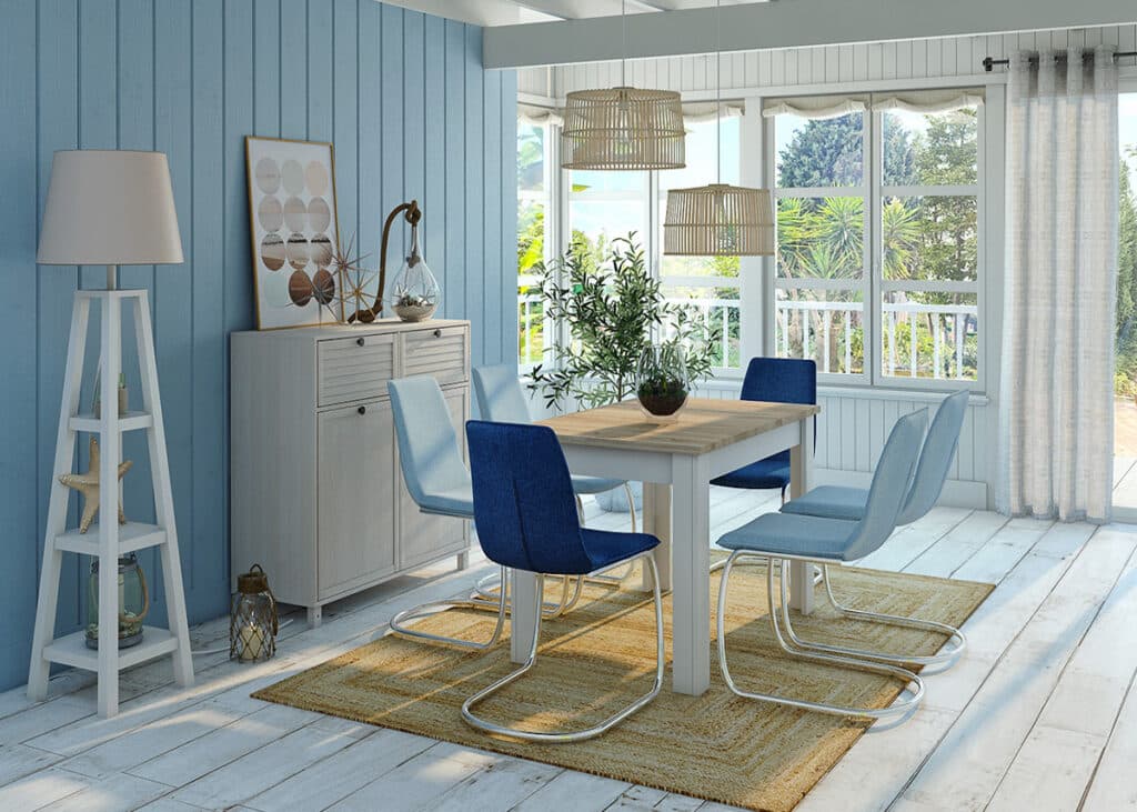 salle a manger bord de mer bleu blanc tapis osier
