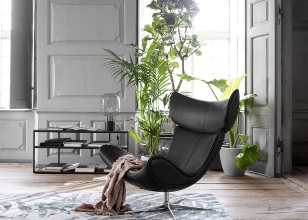 salon spacieux lumineux parquet bois fauteuil rond icône design cuir noir