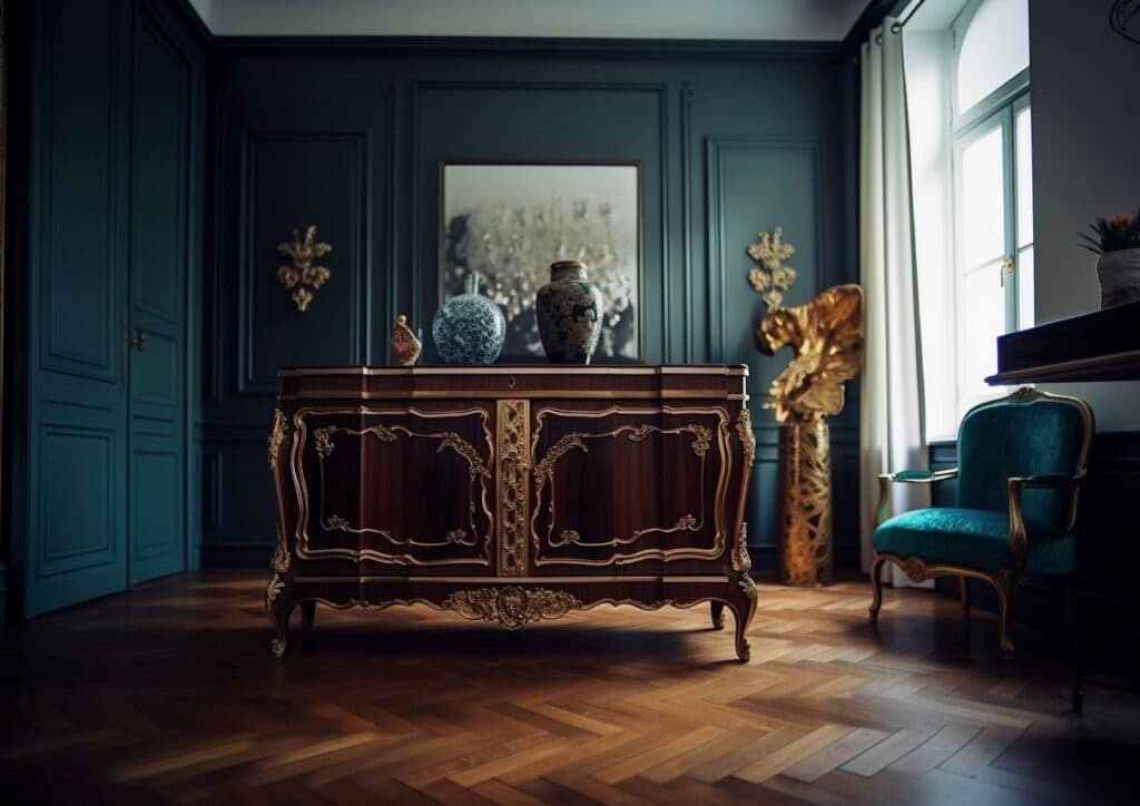 meuble Boulle commode intérieur Haussmann mur vert canard
