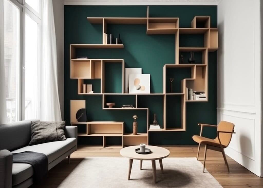 salon scandinave mur déco vert foncé bois