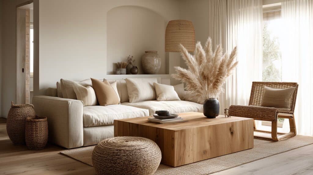 salon scandinave chêne clair luminosité naturelle étagères bois