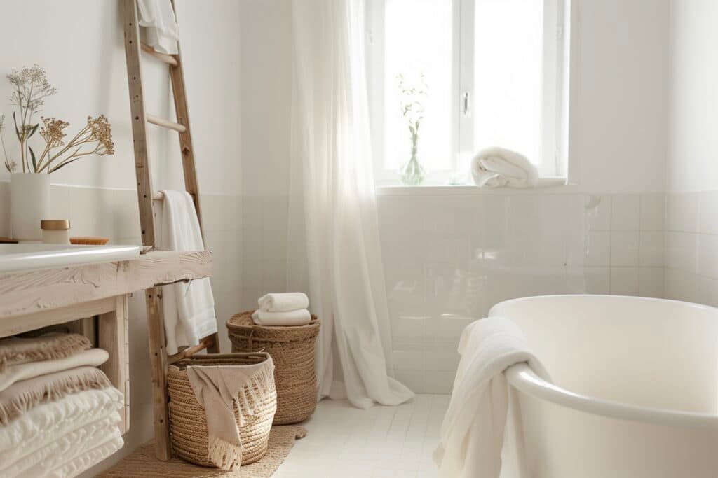 salle de bains minimaliste échelle bois baignoire ilot