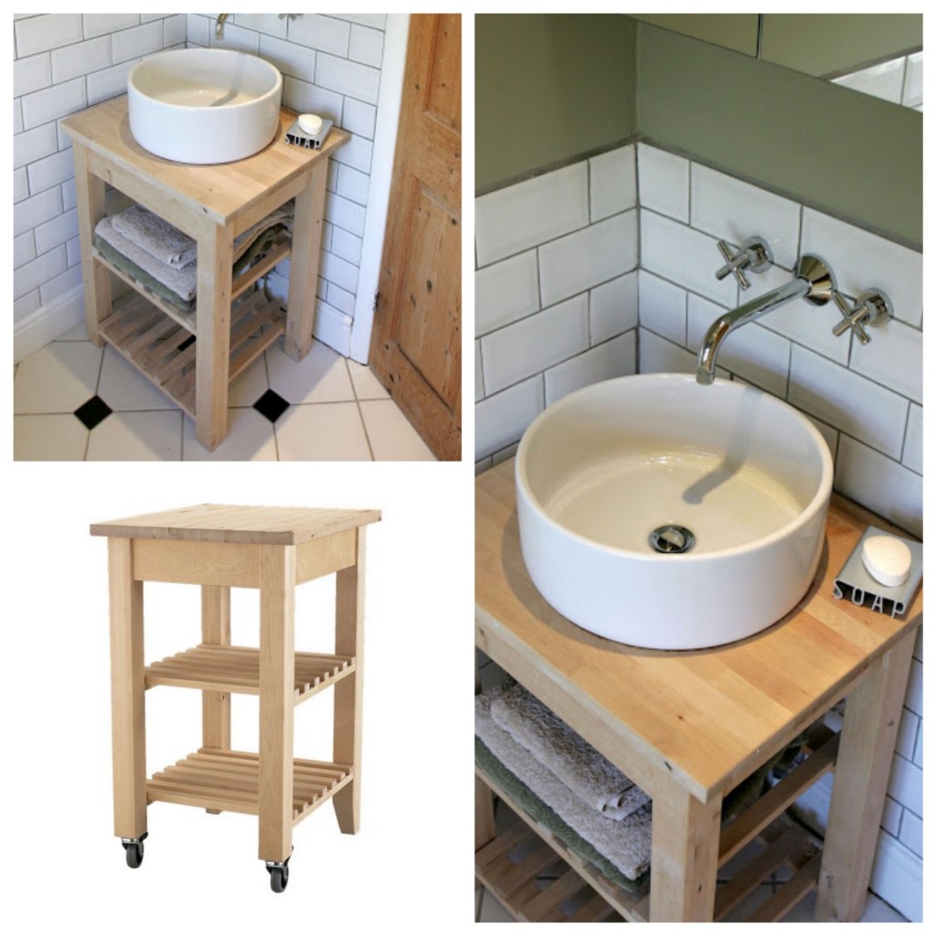 Un meuble de salle de bain en bouleau à partir de la desserte BEKVÄM vendue 49€. salle de bain IKEA Hacks www.clemaroundthecorner.com