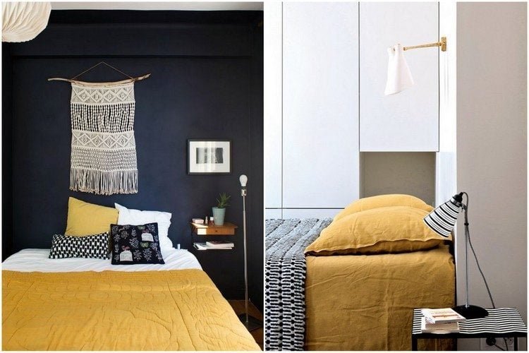 chambre jaune moutarde et couleur sombre mur noir