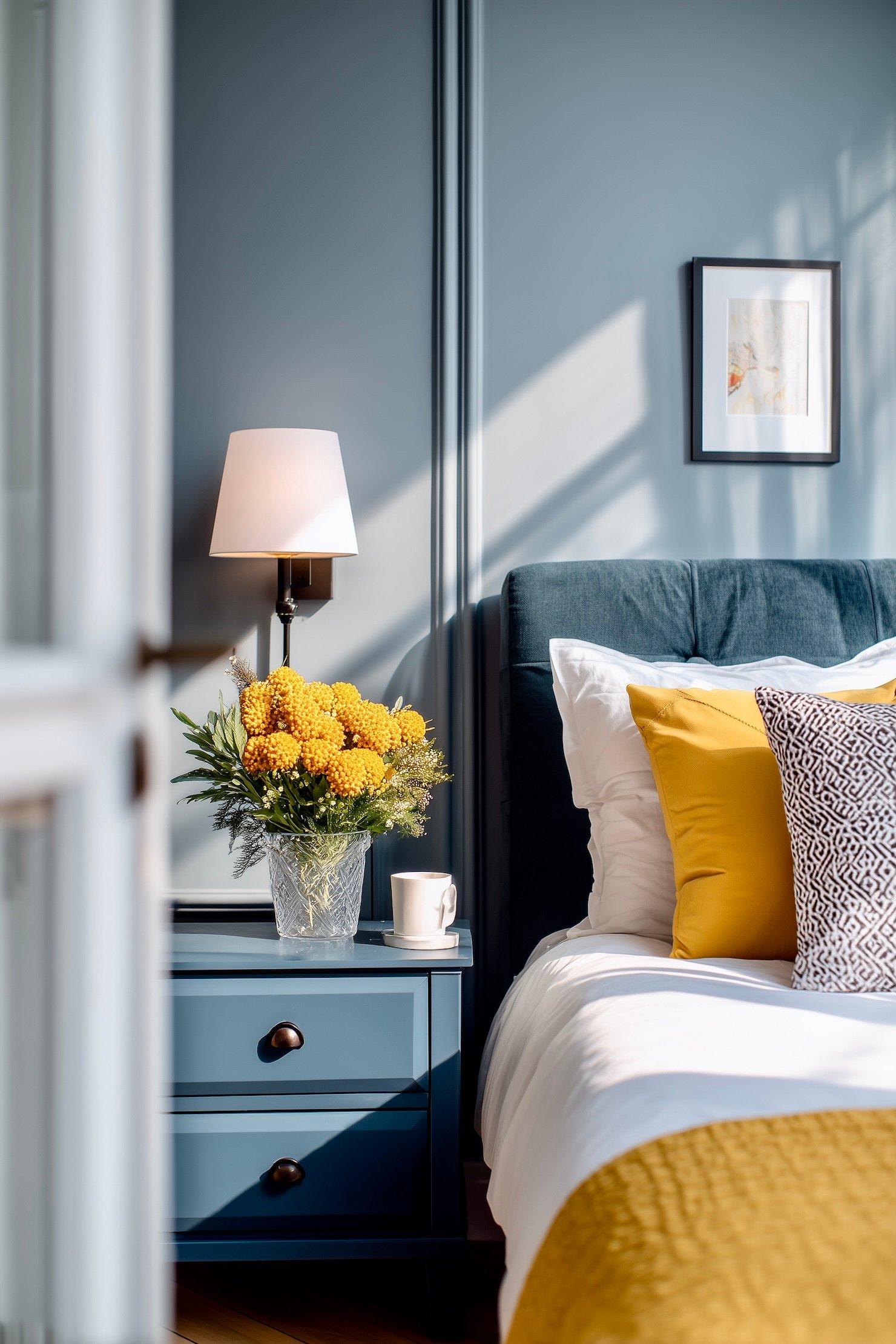 chambre mimosa bleu canard tête lit velours