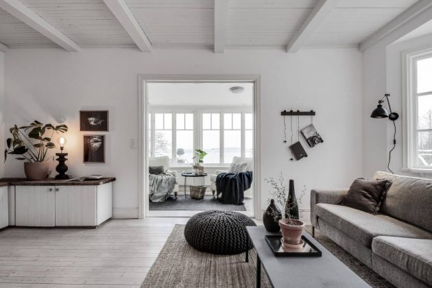 séjour salon noir et blanc camaieux gris