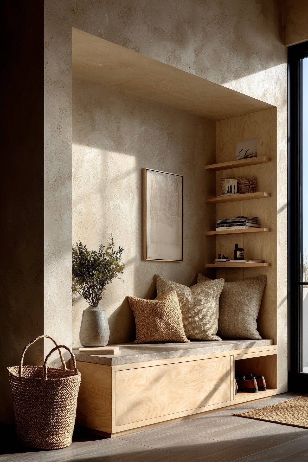 entrée banquette intégrée coffre diy bois