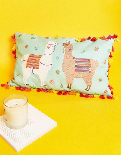 Housse de coussin pompons imprime déco lama