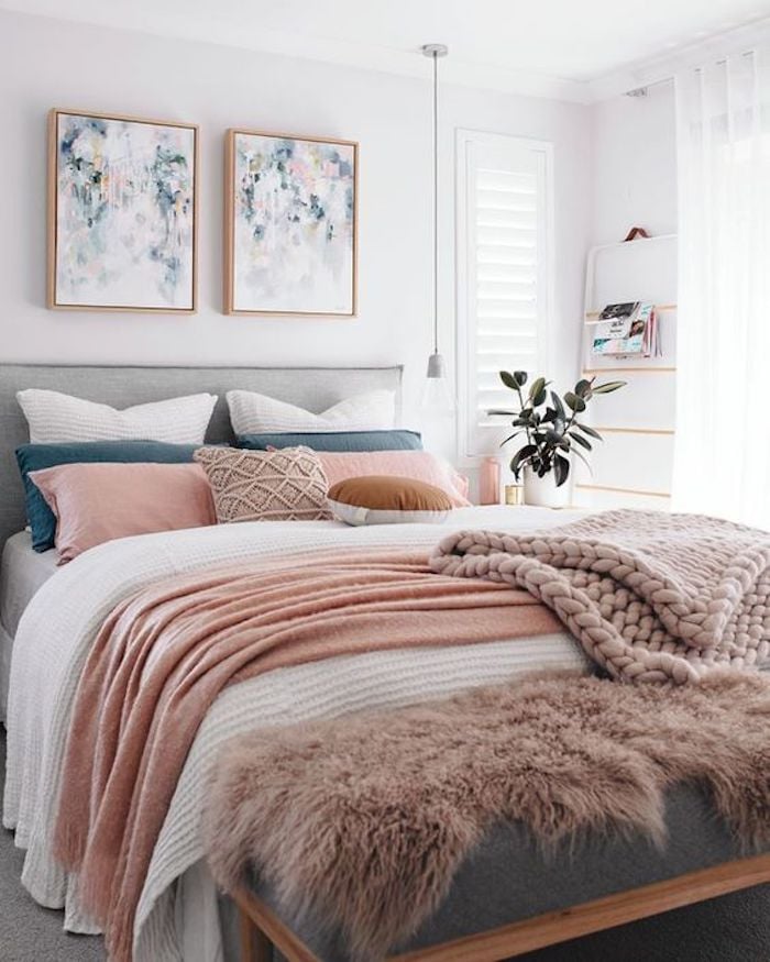 deco rose poudre gris lit chambre duo couleurs