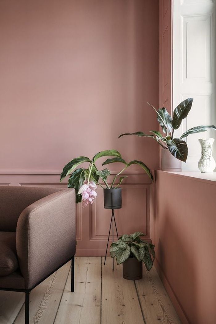 deco rose poudre mur bois parquet canape fauteuil plantes vertes fauteuil taupe