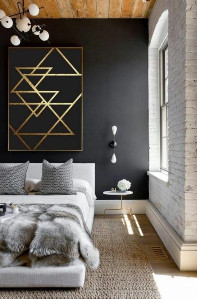 couleur de chambre mur noir or dore bois cosy