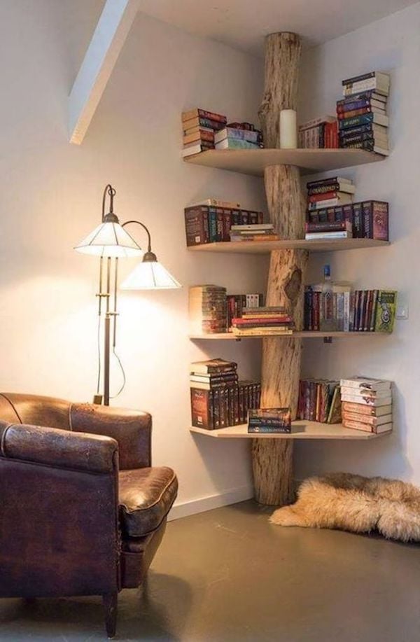 que faire avec un morceau de tronc d'arbre bibliotheque coin lecture livres