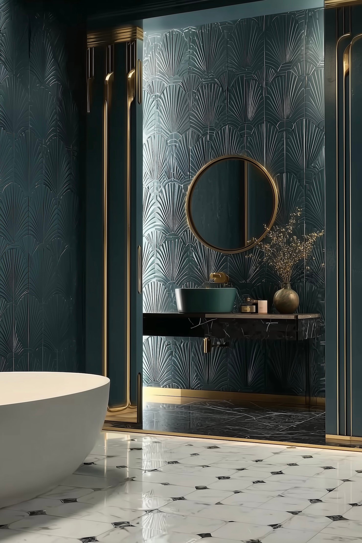 carrelage relief bleu canard design doré