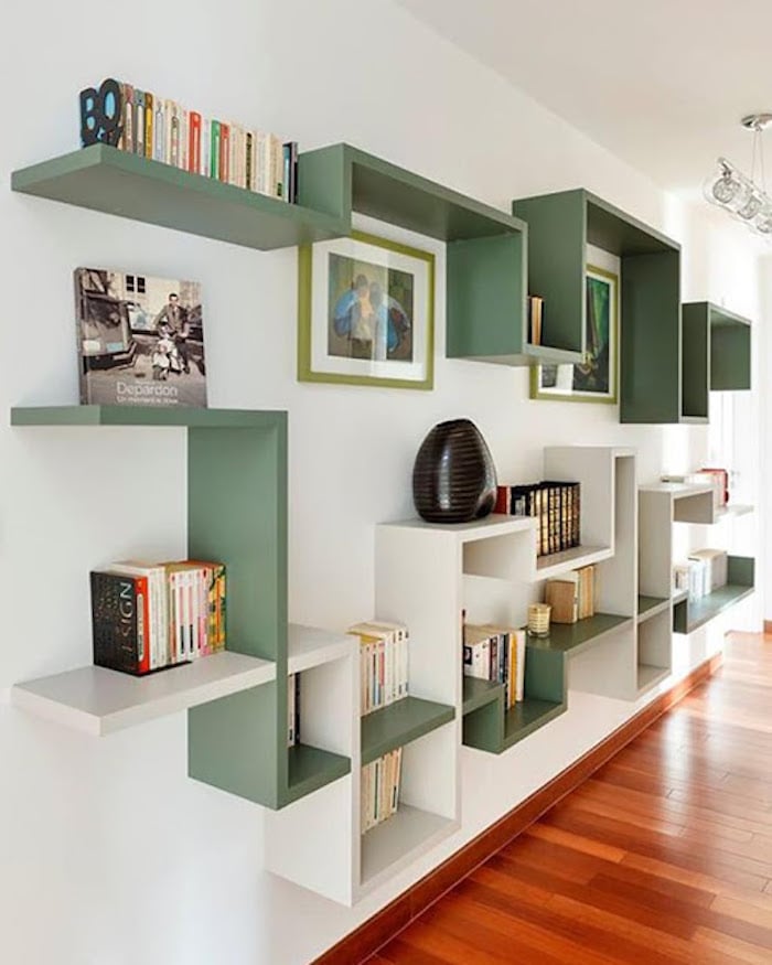 deco graphic étagère vert blanc livres bibliothèques