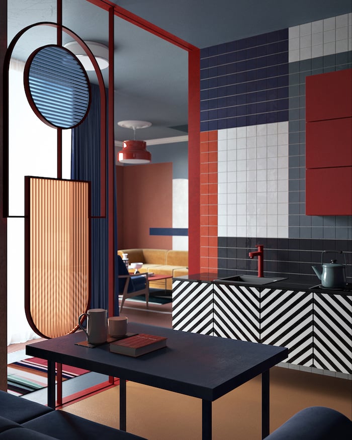 deco graphic mix and match fou couleurs block motif salon cuisine rouge bleu faïence noir blanc
