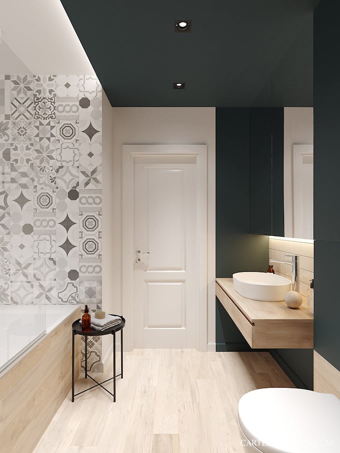 salle de bain verte sapin minimaliste 3 pièces de Saint Pétersbourg - blog déco - Clem Around The Corner