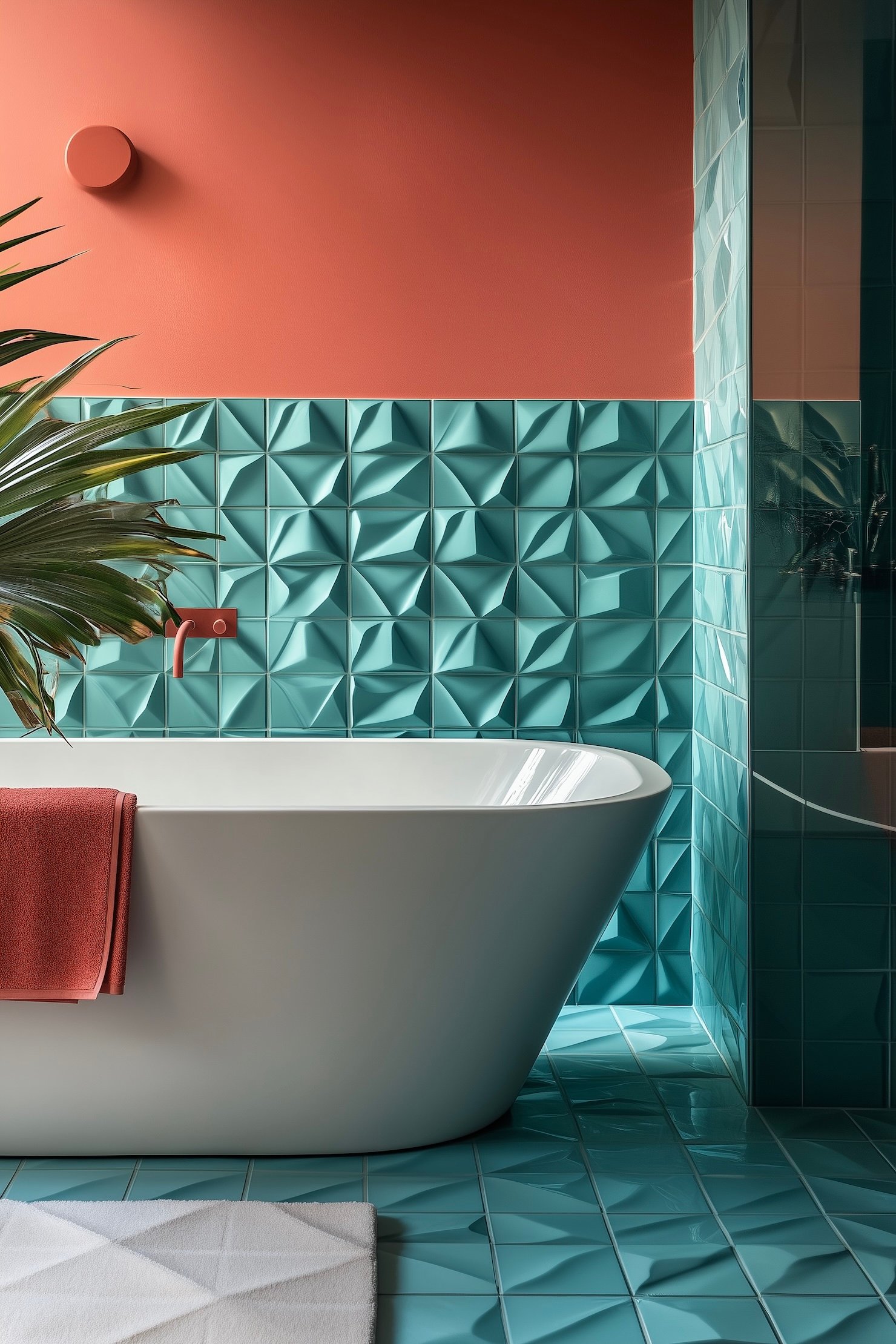 baignoire carrelage relief turquoise mur corail
