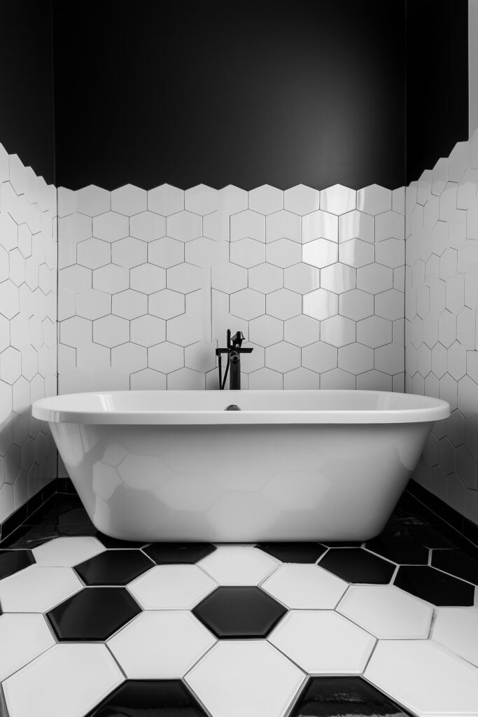 carrelage hexagonal façon damier aléatoire noir blanc