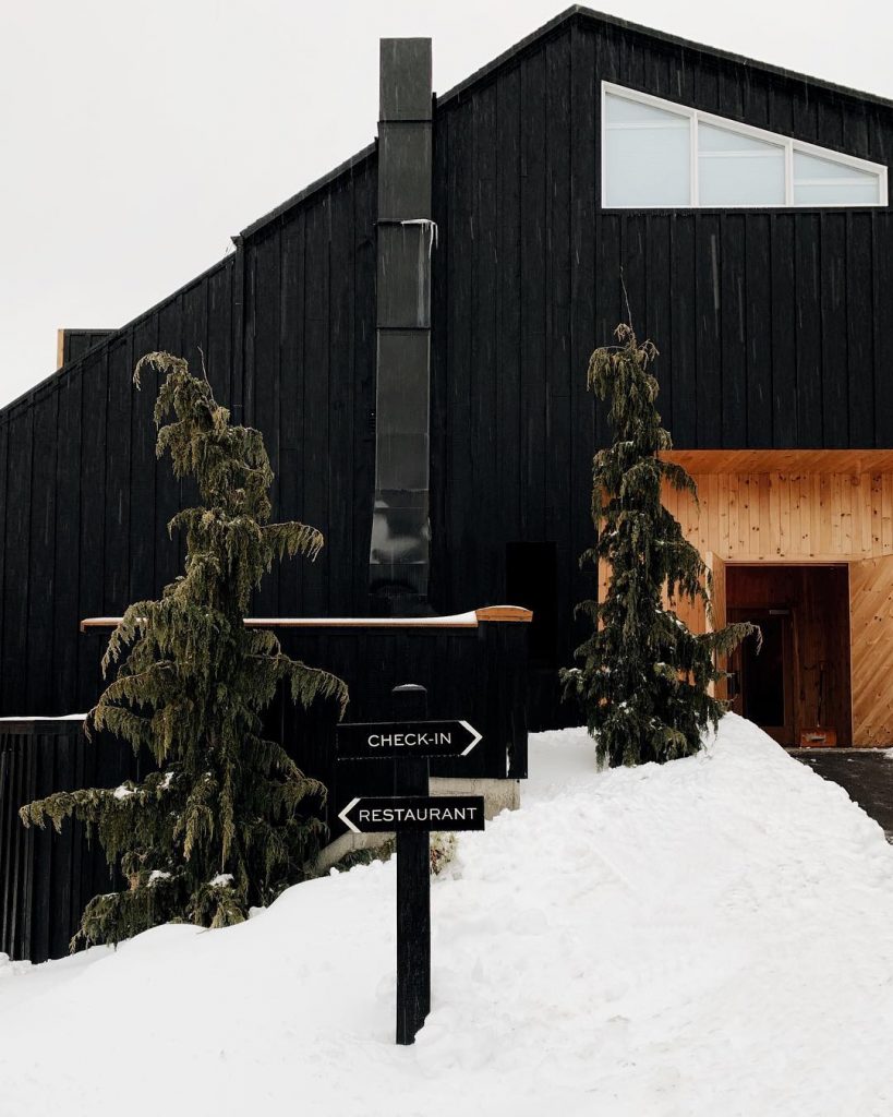 chalet noir façade bois neige sapins - blog déco - clem around the corner