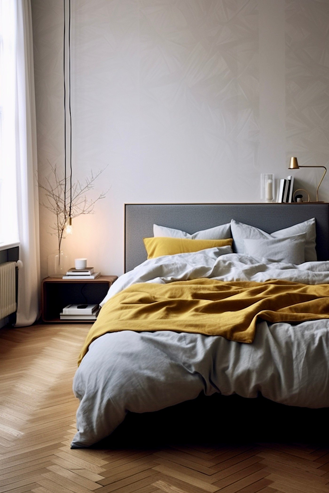 chambre grise jaune moutarde déco scandinave
