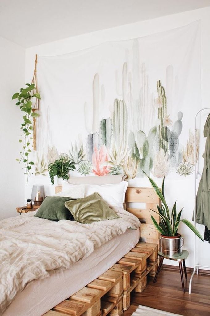 papier peint aquarelle cactus plante tropicale lit palette
