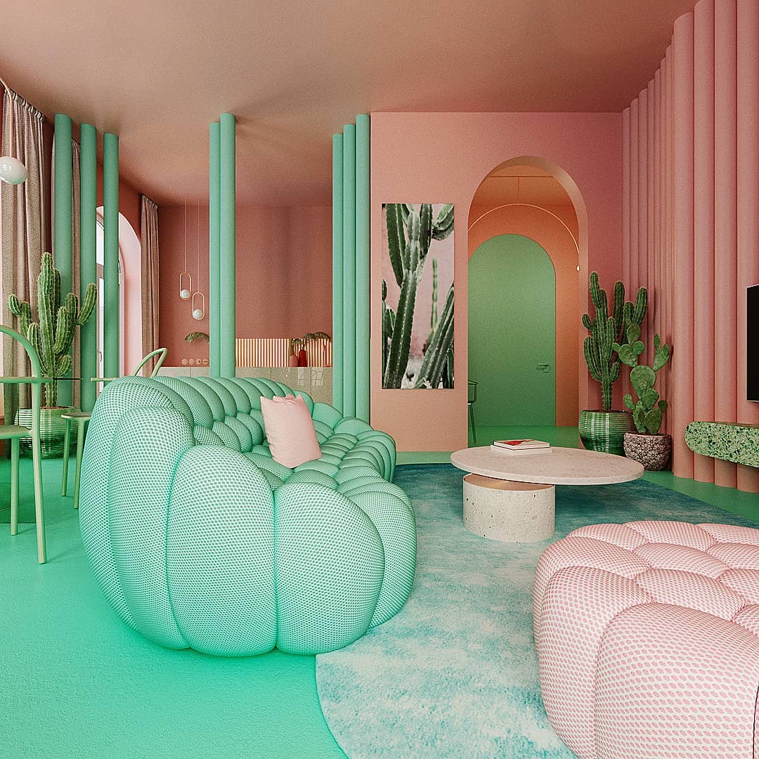 déco verte et rose originale ameublement salon design inspiration mexique