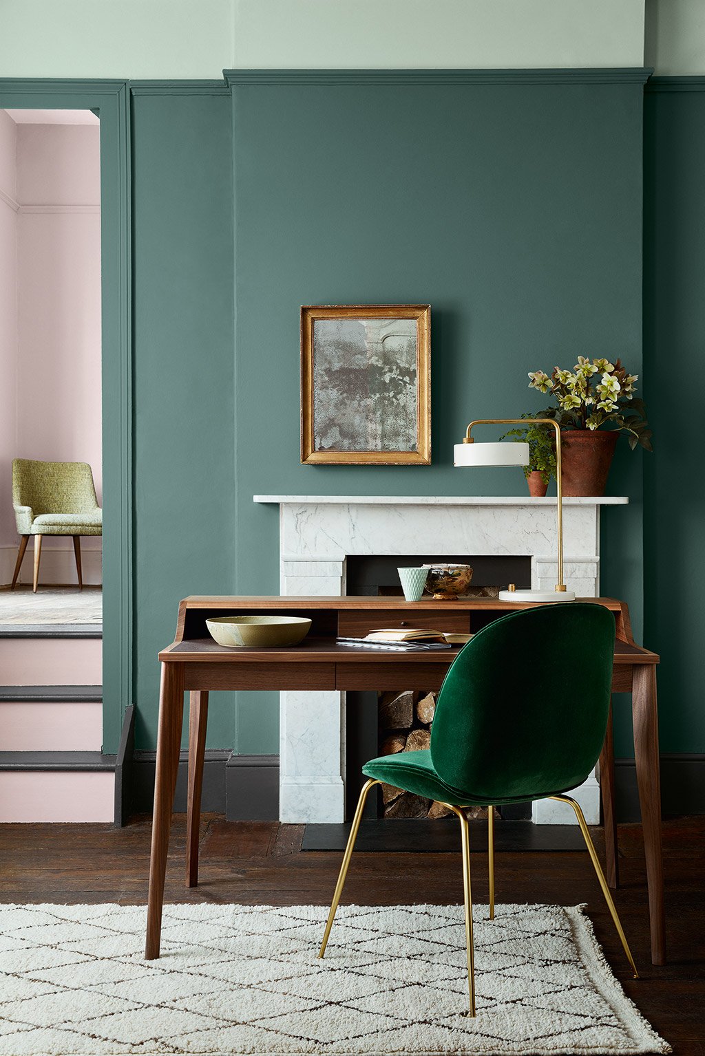 blog déco bureau vert forêt sol parquet bois tapis berbère
