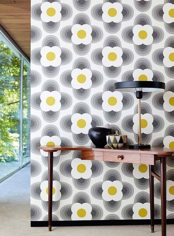 papier peint des années 70 psychedelique fleur volume dessin noir blanc jaune