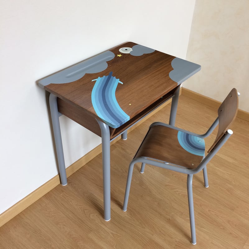 bureau écolier relooké original dessin chambre enfant nuage avion bleu gris - blog déco - clem around the corner