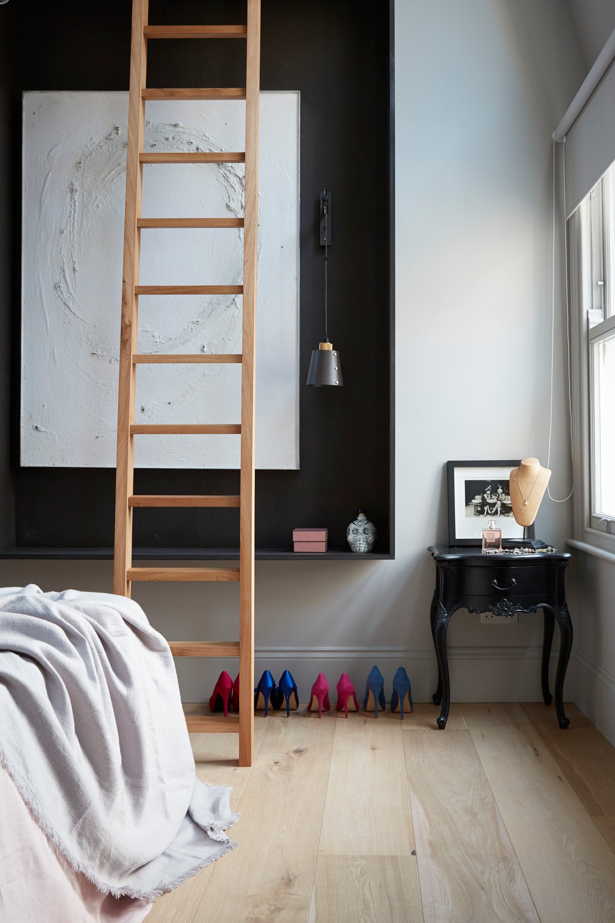 chambre tendance échelle plaid lin gris clair - blog déco - clematc