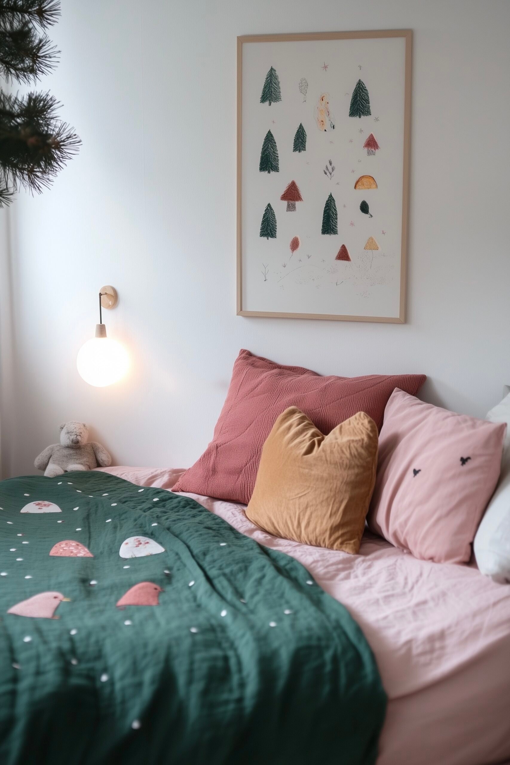 chambre enfant couleurs sourdes assortiment vert rose jaune moutarde