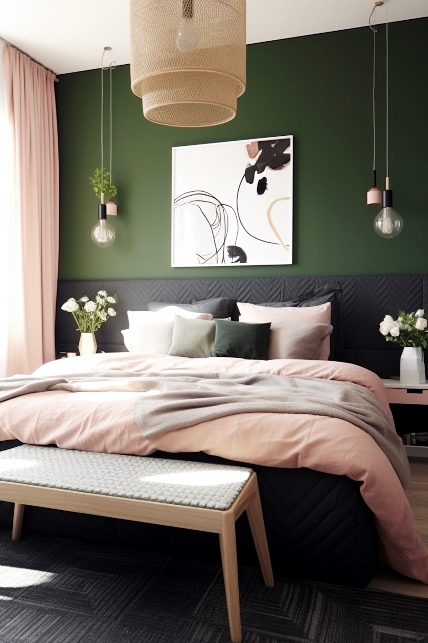 chambre mur vert forêt déco grise foncé rose