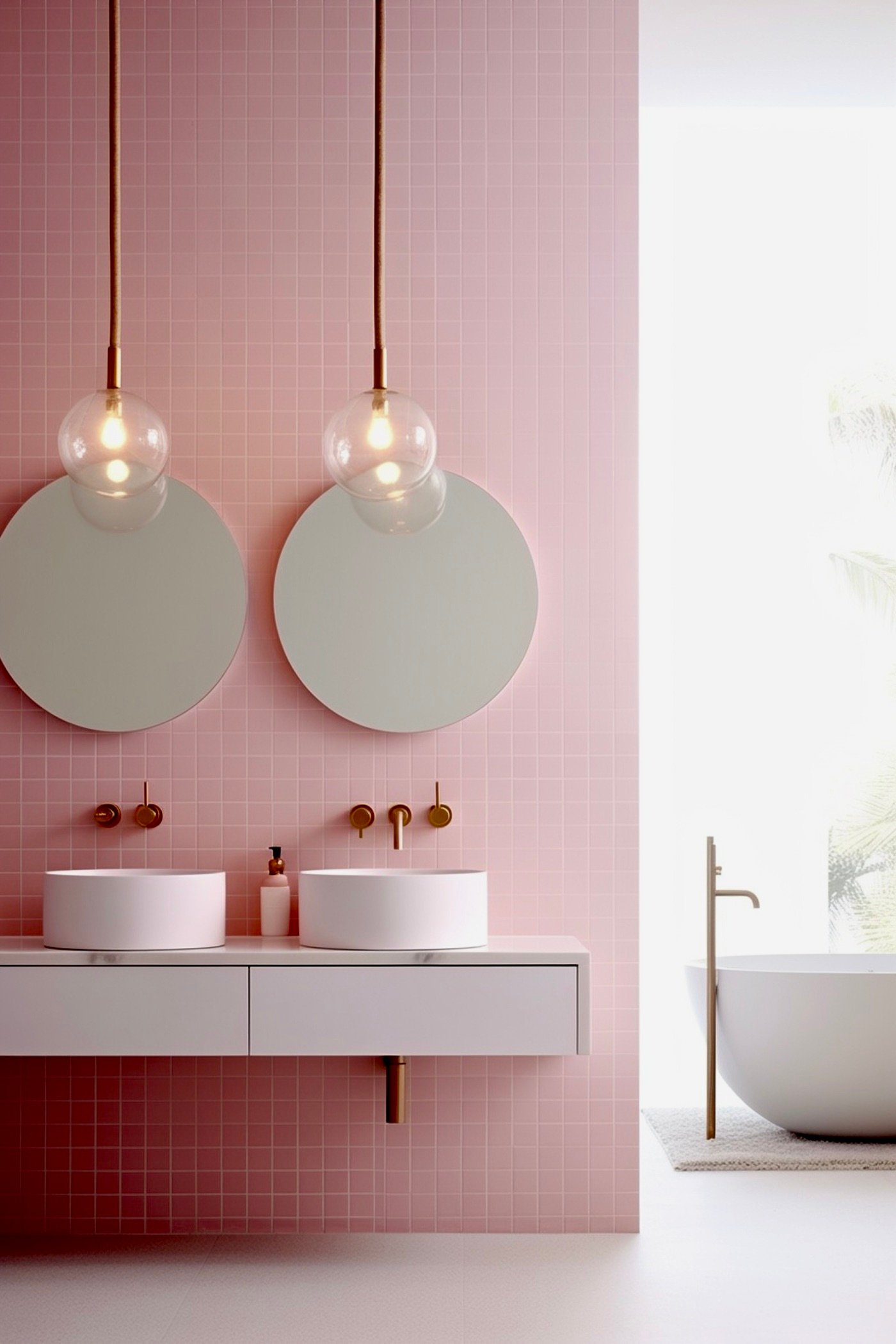 salle de bain rose blanche laiton cuivre