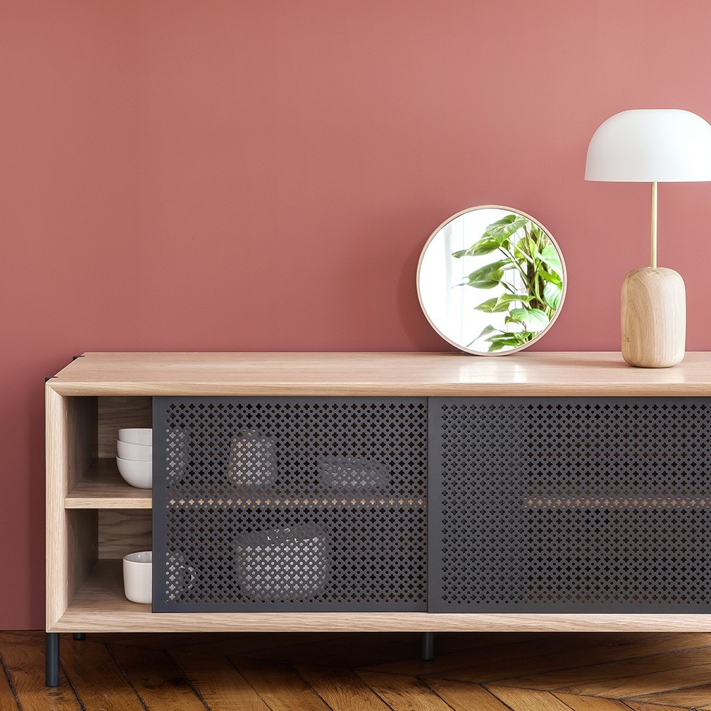 meuble tv cannage gris foncé bois mur rose salon contemporain