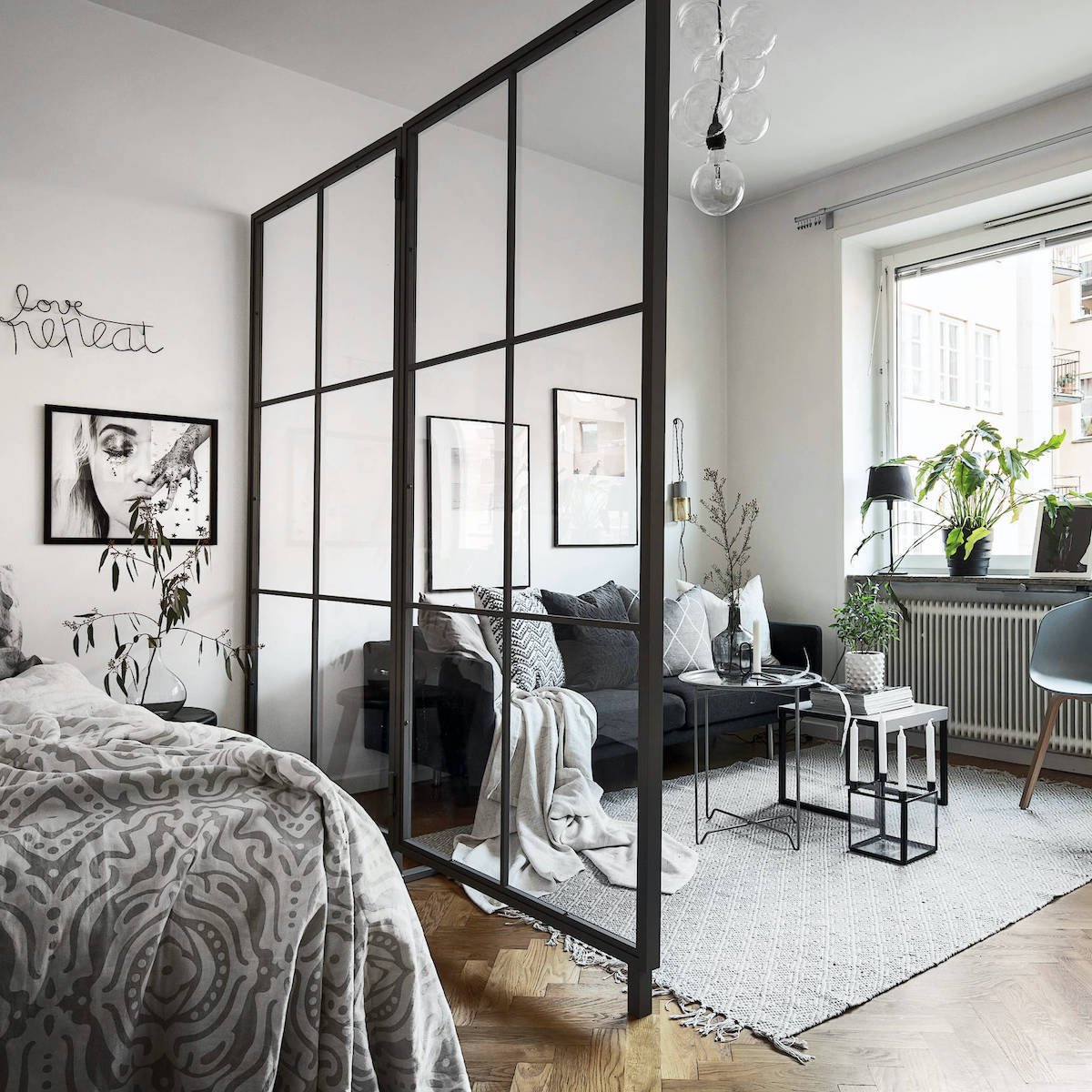 appartement fonctionnel esthétique cloison fixe en verre bord noir métallique