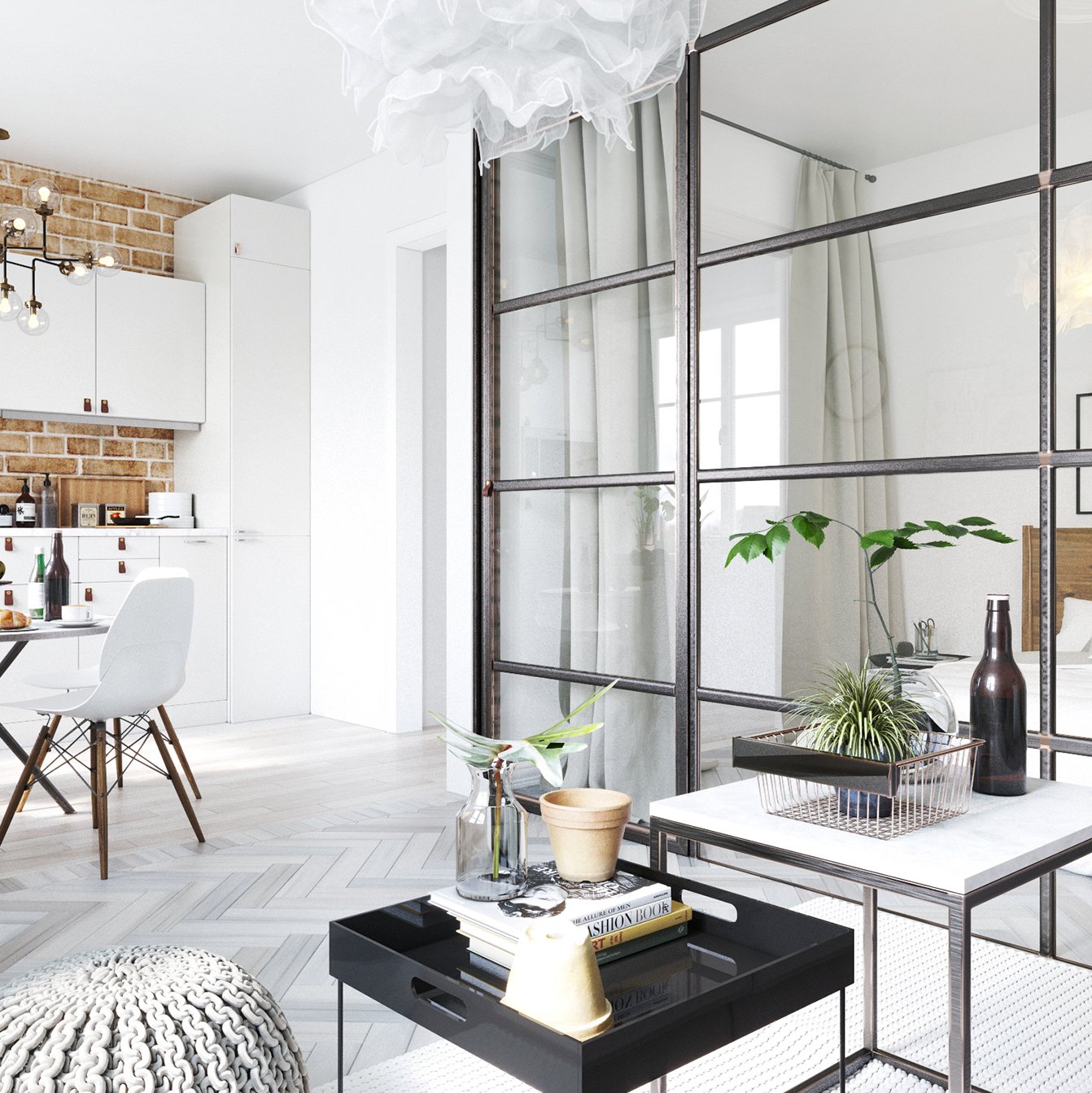 studio lumineux cloison verre chambre cuisine ouverte mur en briques rouges