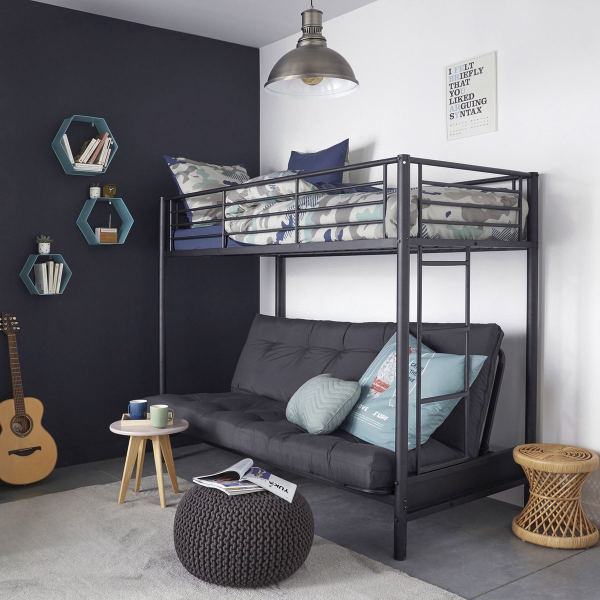 aménager chambre ado garçon grise lit mezzanine canapé convertible