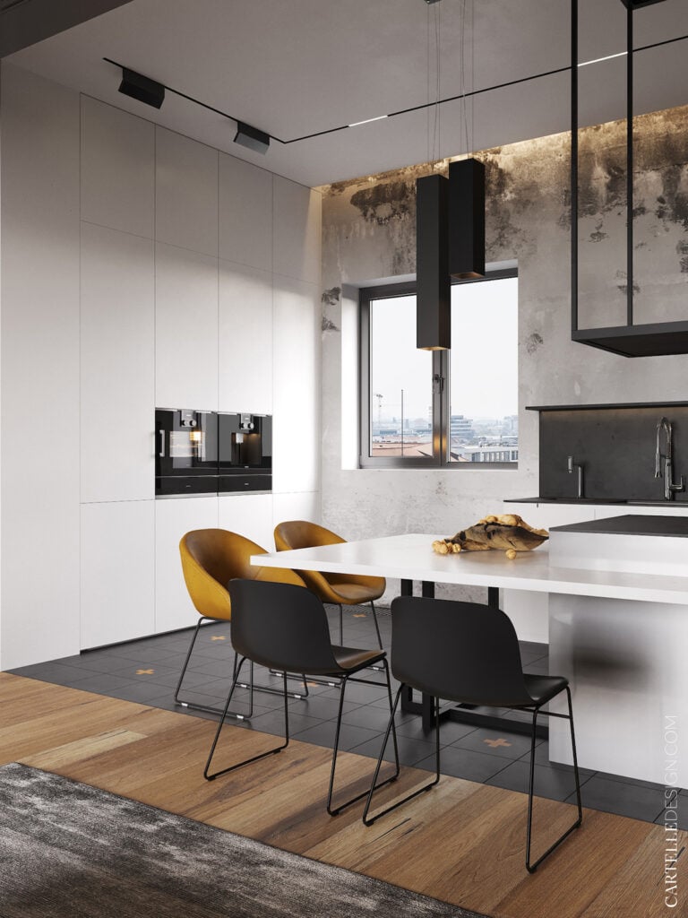 cuisine blanche grise style industrielle ilot double niveau