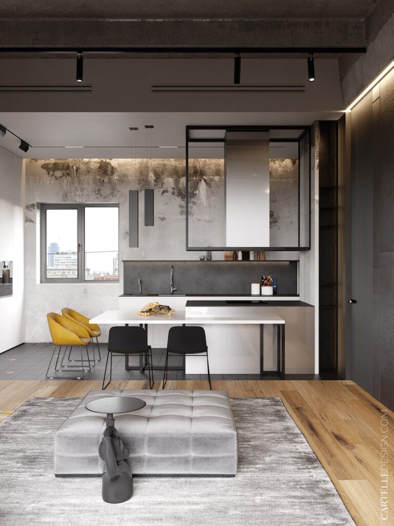 cuisine ouverte loft à Moscou ilot central table repas