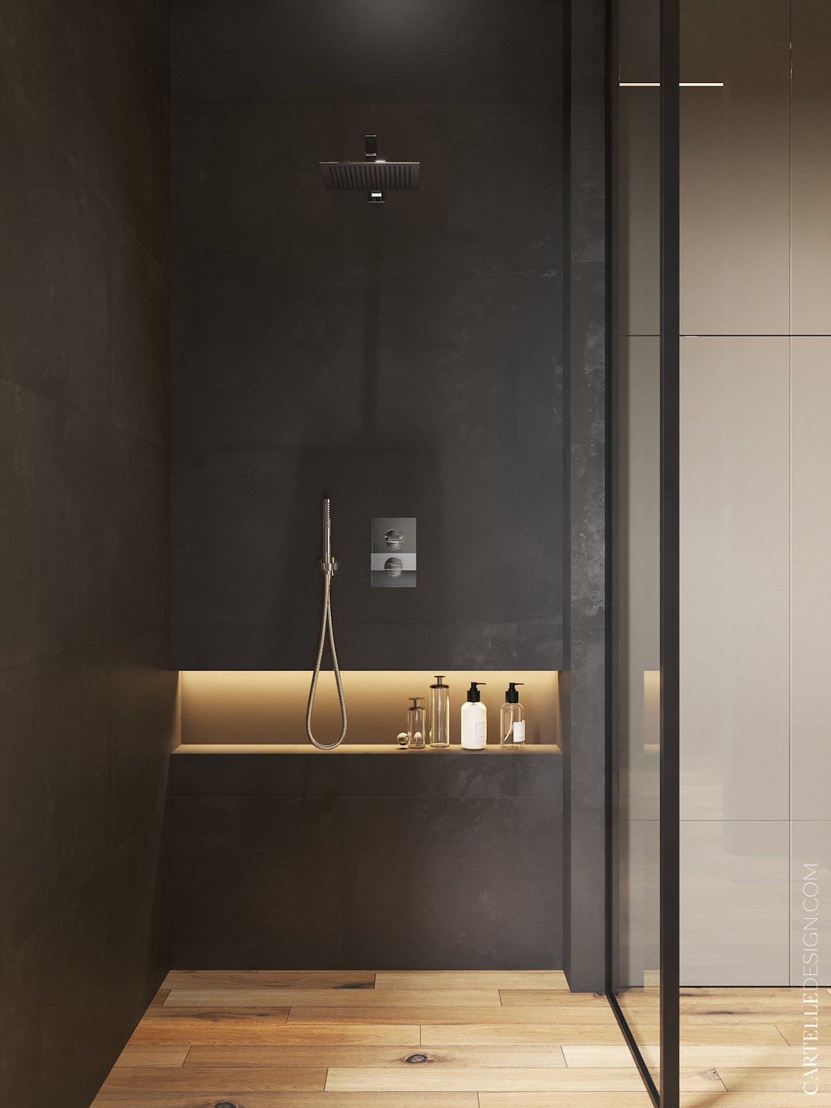douche italienne carrelage imitation parquet mur noir mat coffre laiton doré