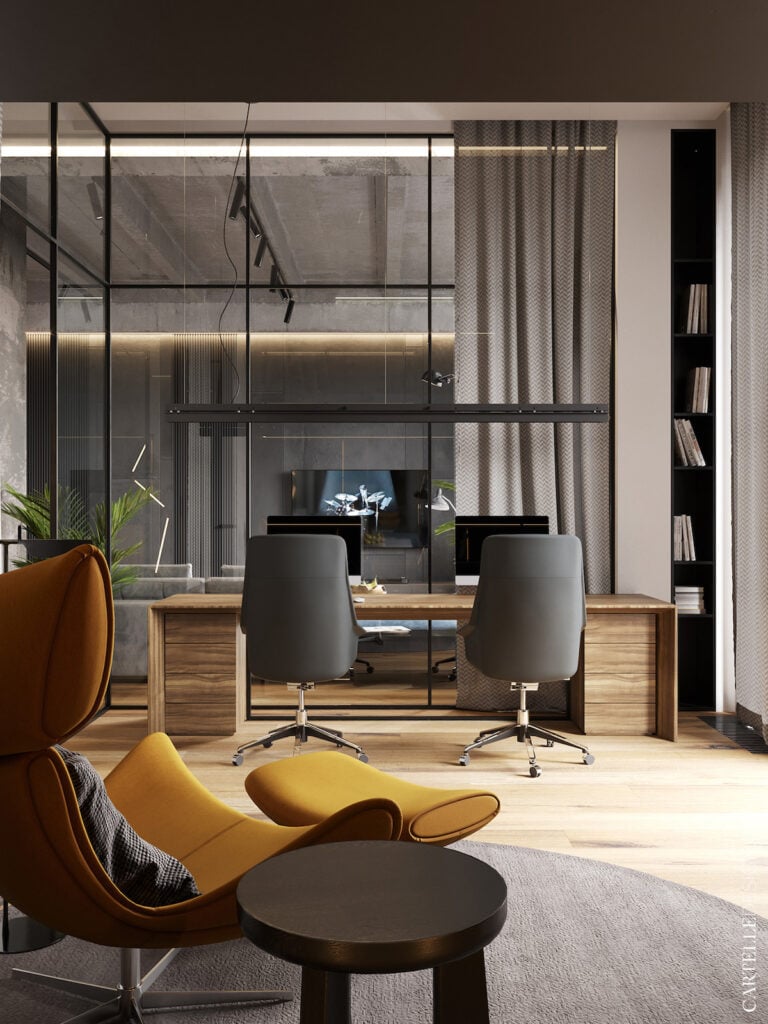 espace télétravail maison loft à Moscou verrière salon design moderne