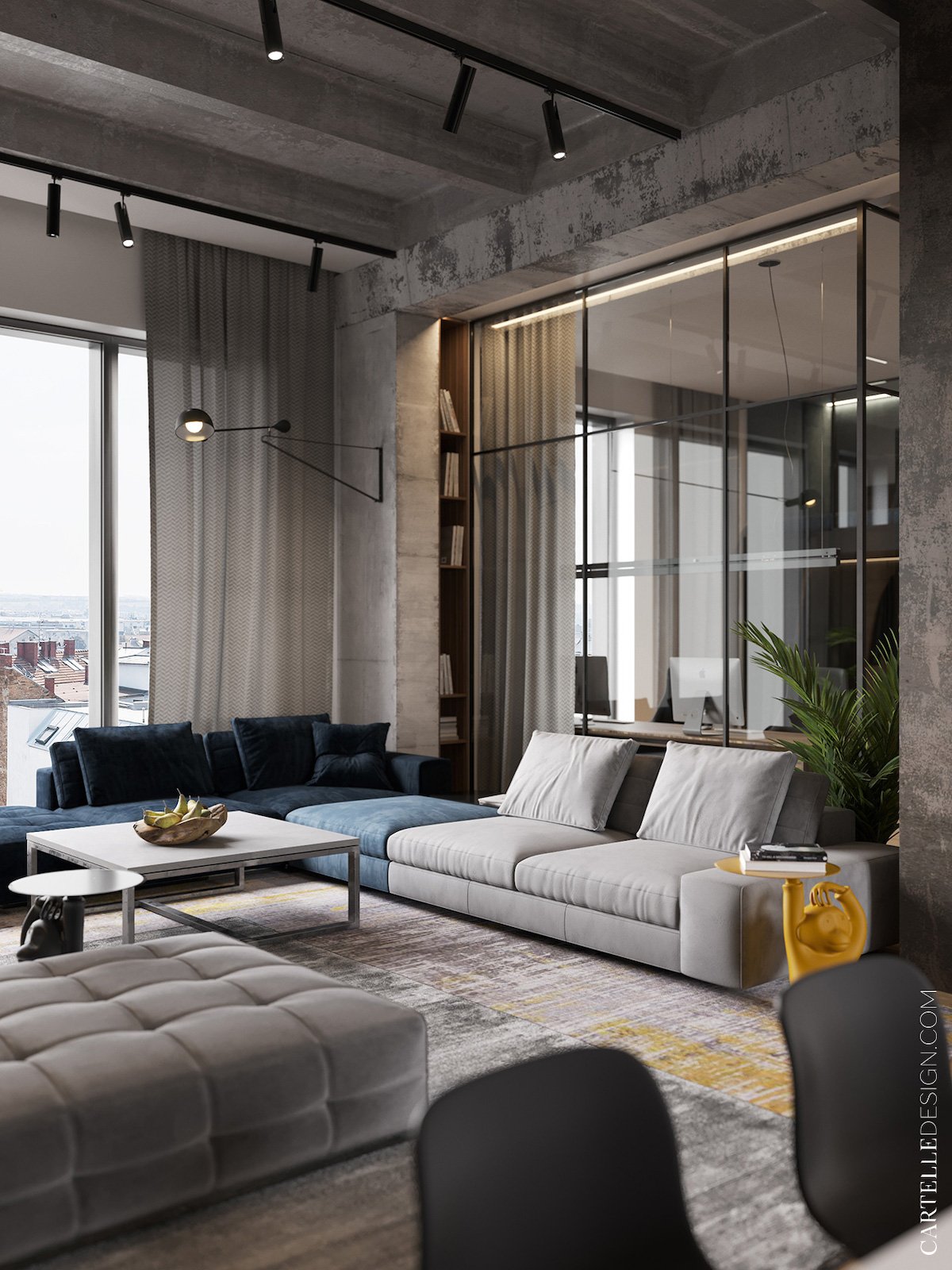 loft à Moscou salon gris bleu canapé modulable mur béton