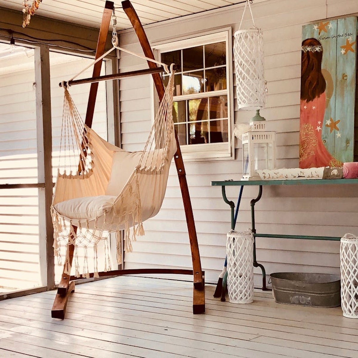 suspension bois fauteuil suspendu toile coton - blog déco - clematc