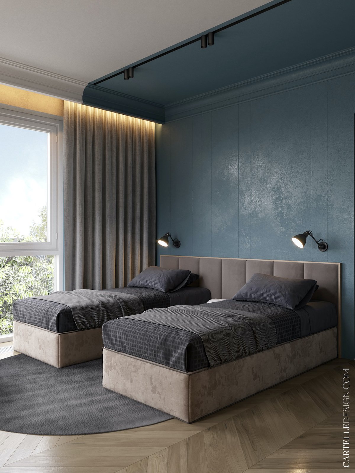 chambre pour 2 enfants bleu gris double aménagement conseil lit moderne
