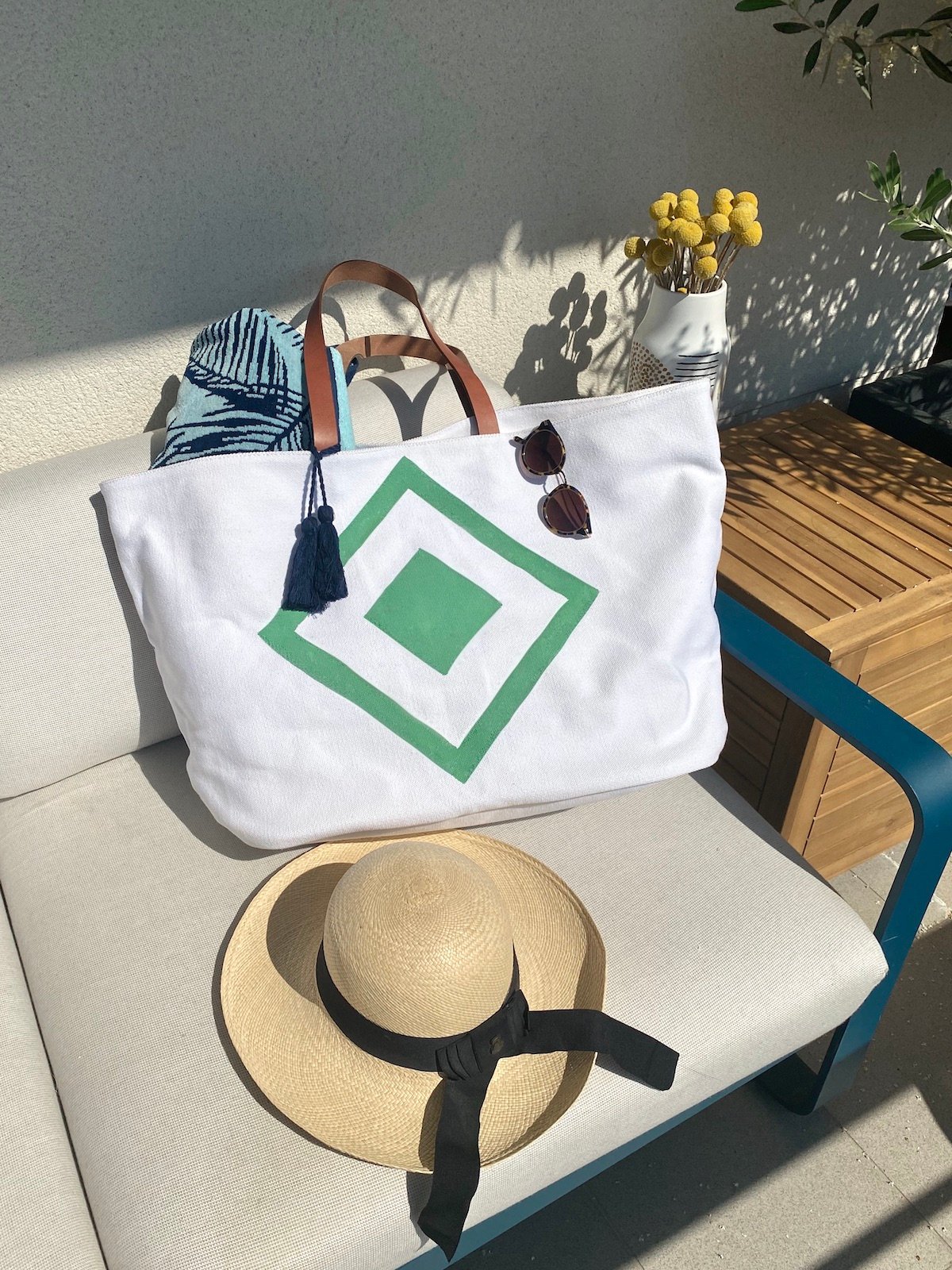 objet à personnaliser sac plage coton cabas dessin peinture textile motif losange